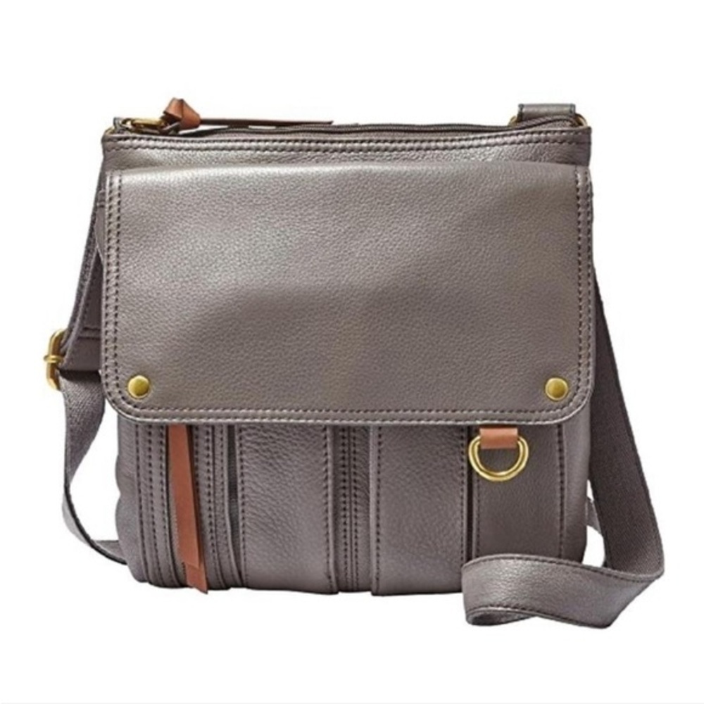 Fossil Morgan Traveler gray pebbled leather crossbody bag travel compartments